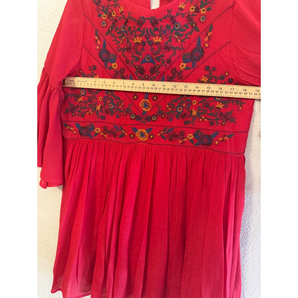 Altar'd State Red Embroidered Boho Tiered Mini Dress Bell Sleeve Medium C0384 - Picture 6 of 10